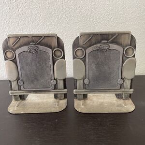 Vintage 1980 Metzke Pewter Bookends Truck Automobile Car Retro Signed Home Decor